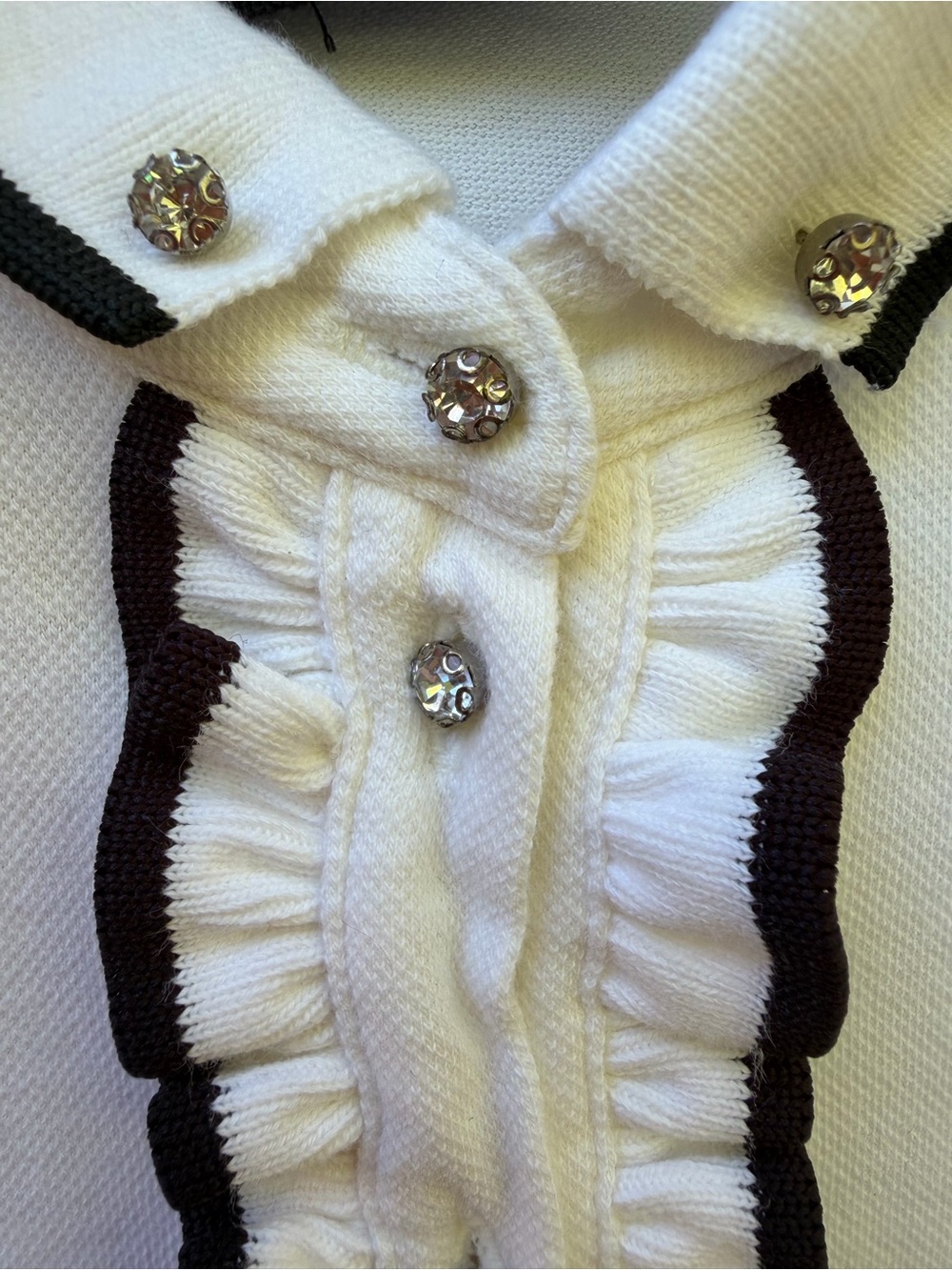Dolce & Gabbana D&G White Black Trim Ruffle Polo Top Rhinestone Buttons Cotton - Picture 14 of 15